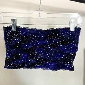 Swarovski crystals, galaxy bralette from Victoria’s Secret PINK, strapless